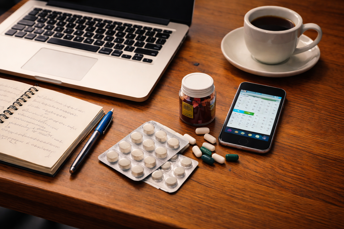 Escritorio de trabajo y medicamentos